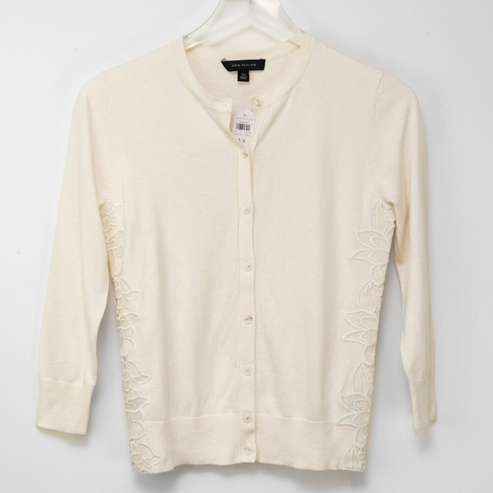 Ann Taylor Embroidered Ann Cardigan & Shell Sweater Set Cream Size XS New